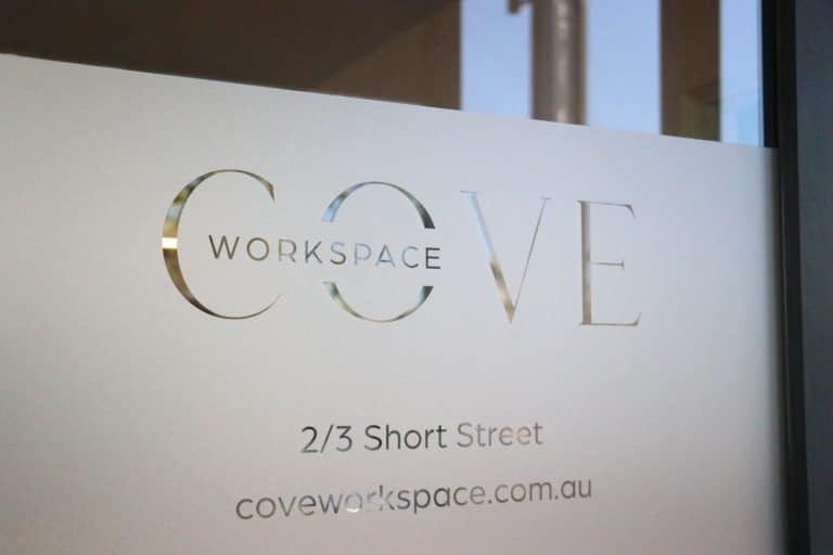Front of Cove Workspace window signage 